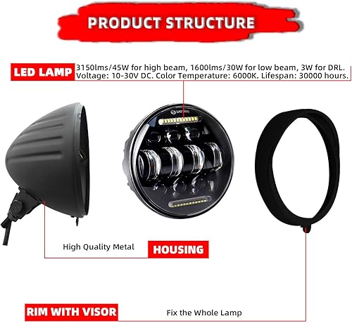 Miniatura 3 de FATECIM Faro delantero LED redondo de 5.75 pulgadas para motocicleta con visera de 5 12 pulgadas, luz alta y baja, DRL, montaje inferior,