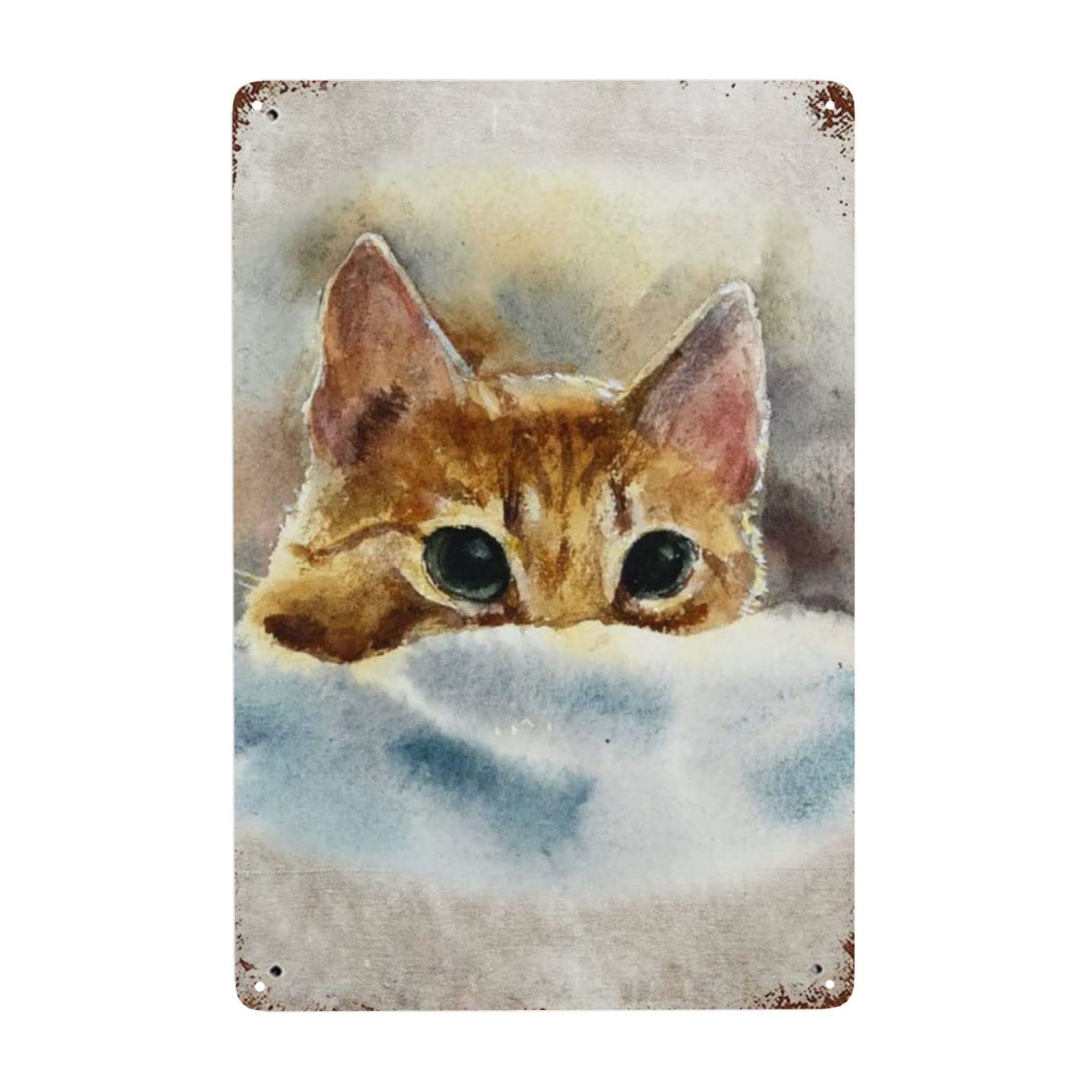 rayprint Metal Tin Sign Fun Cute Cat Watercolour Decor Animal Wall Art Animal Decor Orange Cat Decor Plaque Poster for Home Bathroom Cafe Bar Pub 8x12 Inch Metal Sign Decor