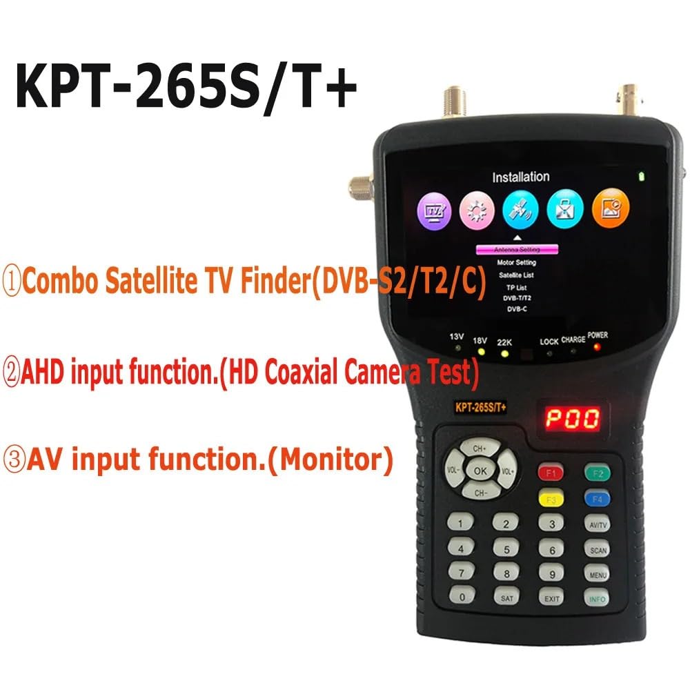 Buscador de TV satelital Combinado de 4,3 Pulgadas (S2+T2+C) y Prueba de cámara CCTV y Ajuste de cámara de Monitor Combo DVB-S2+T2+C AHD AV Digital(KPT-265ST+)