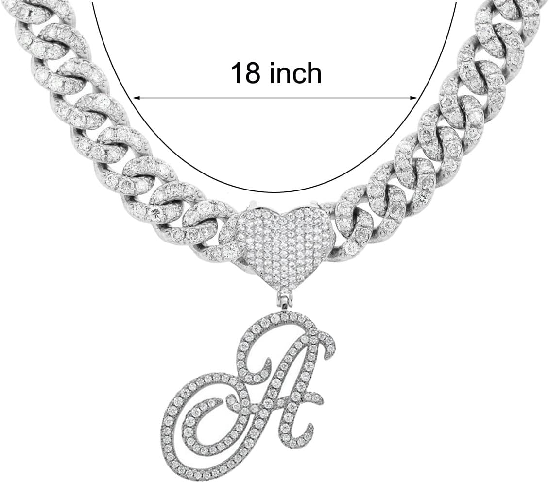 Initial Necklaces Silver Cuban Link Chain for Women Iced Out Chain with Heart Letter Pendants Custom Chain Name Necklace Hip Hop Jewelry Gift - Image 2