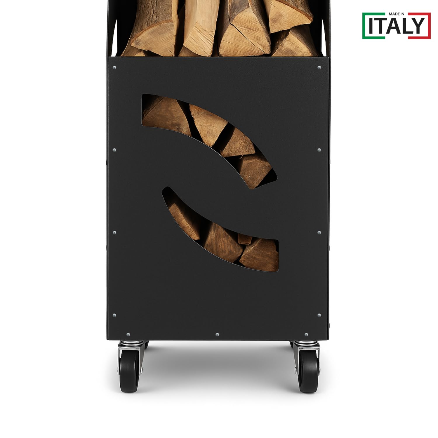 MOHOME Carrello Portalegna da Interno Esterno con Ruote Metallo Spesso Nero Made in Italy Contenitore 80 x 42 x 32 cm Legnaia Manico Ergonomico Ruote Piroettanti Cesto per Ceppi Legno Stufa Camino