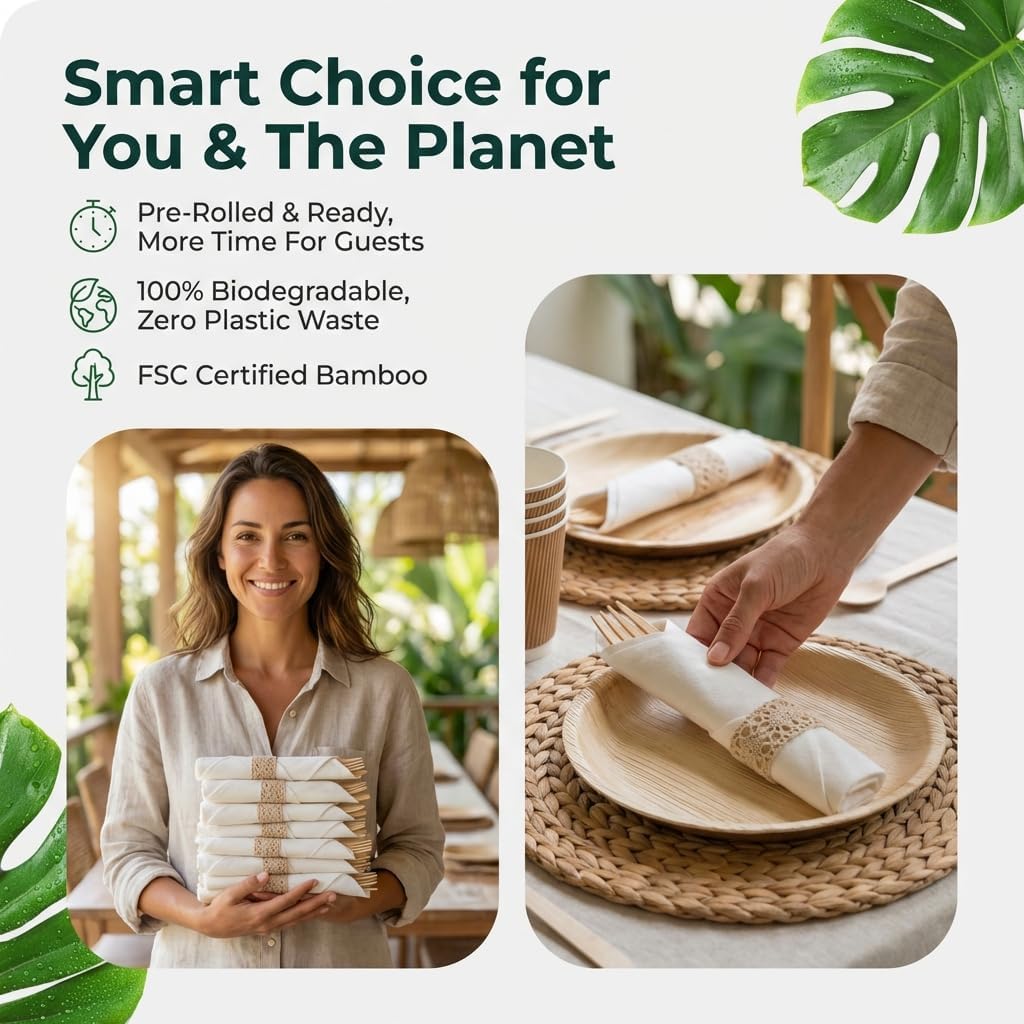 Pre Rolled Napkin and Bamboo Cutlery Set - 50 Pack Bamboo Utensils Wooden Cutlery 50 Forks 50 Knives 50 Spoons 50 Napkins, Pre Wrapped Disposable Silverware Cutlery for Party, Wedding, Events