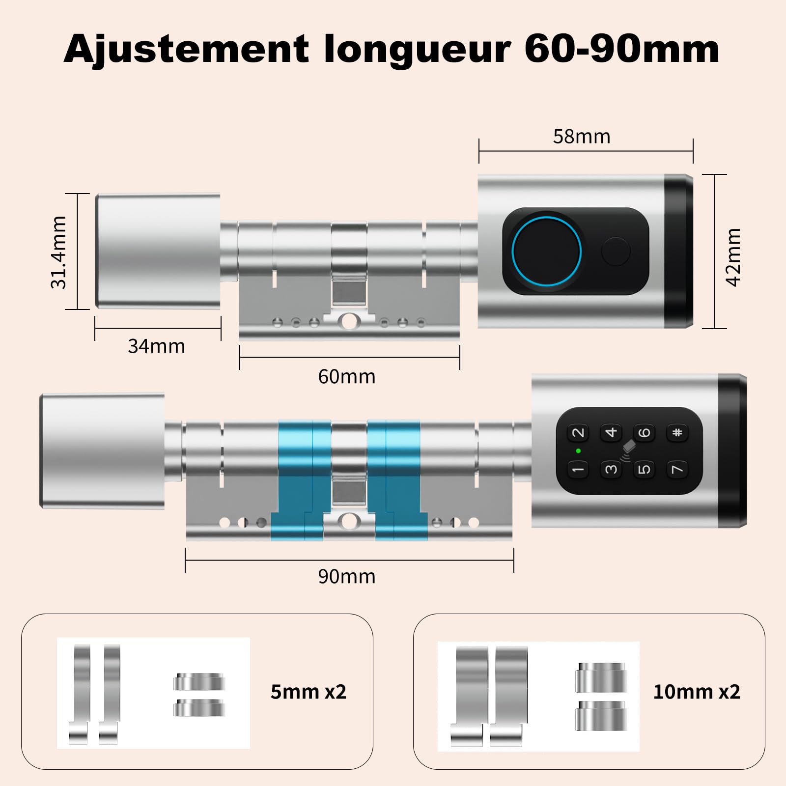 Serrure connectée, serrure électronique à empreinte digitale, longueur réglable Smart Lock, serrure électronique avec carte RFID, application, WiFi, Bluetooth, 60–90mm, accessoires de rallonge, argent