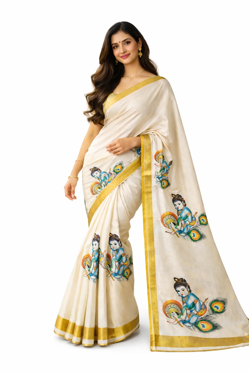 Off white cotton Kerala saree with narrow gold zari border and elegant Krishna print-picture-49