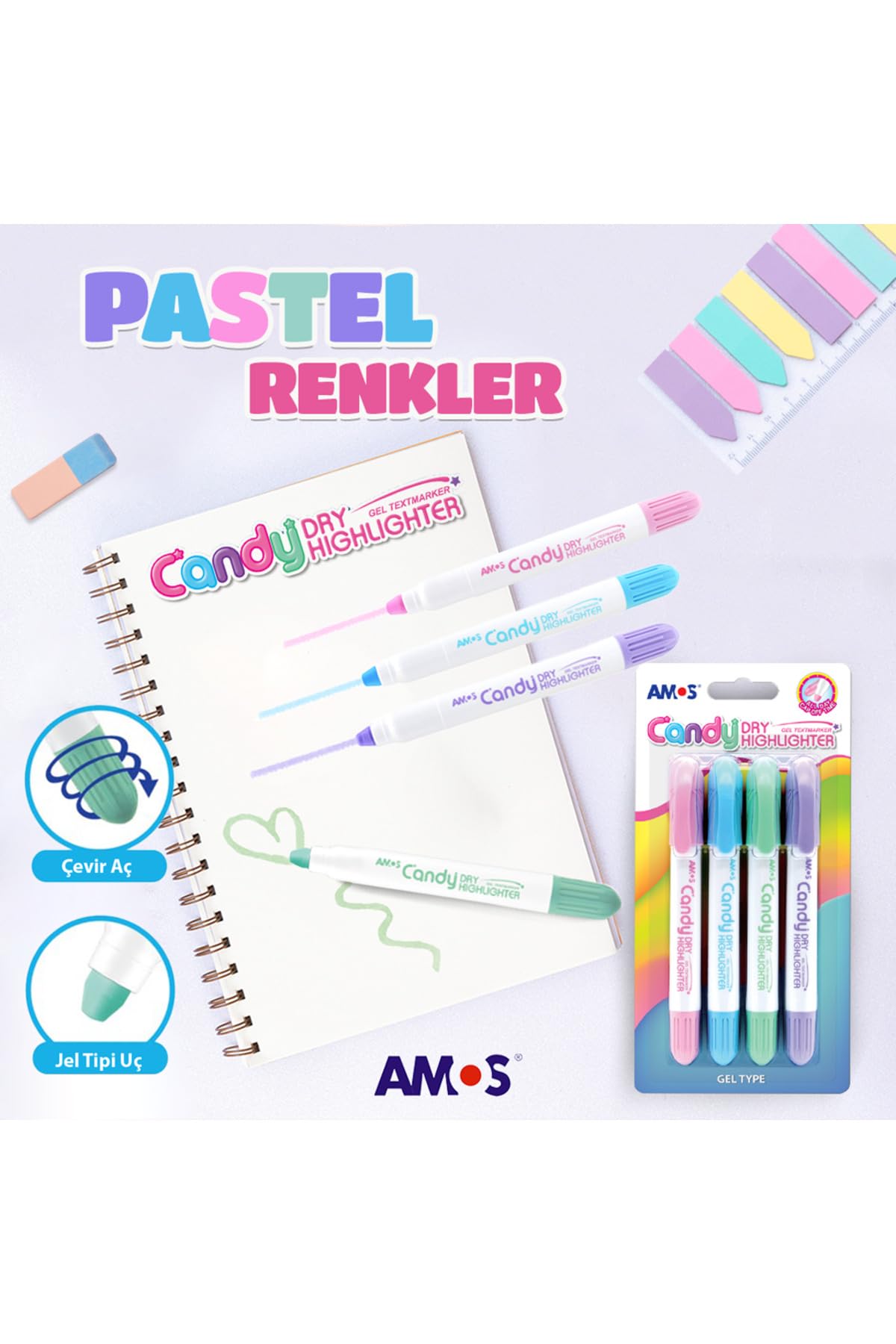 Amos Dry Highlighter-4 Colours Blister-Made In Korea (Candy|Pastel Colours),Multi-coloured 2