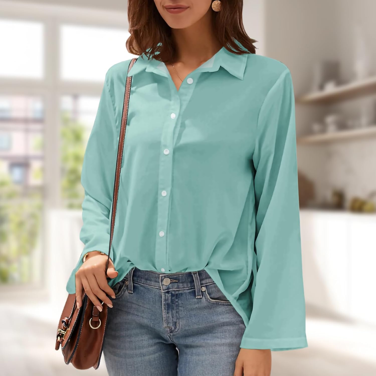 Womens Button Down Shirt Long Sleeve Collared Blouse Professional Office Work Elegant Formal Top - Image 2