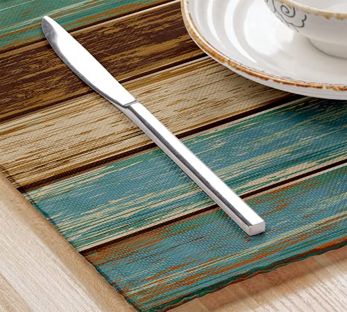 Farmhouse Rustic Teal Table Runner With 4 Placemats Retro Teal Green Brown Wood Style Waterproof Linen Table Runners Placemats Set For Dining Table Heat Resistant Set #TOP4