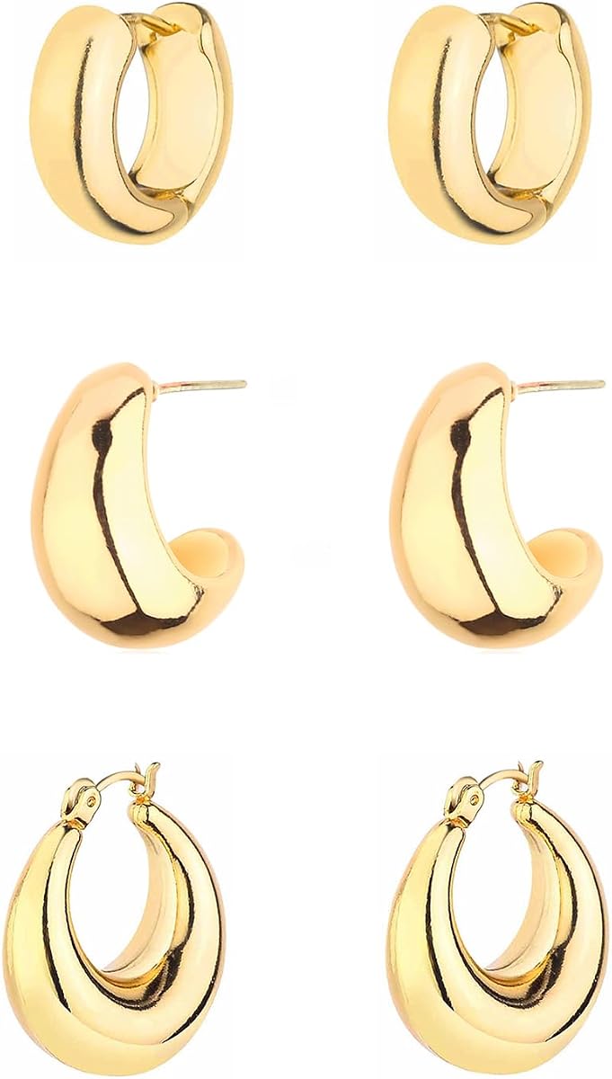 Gold Chunky Hoop Earrings Set for Women, 14K Gold Plated Twisted Huggie Hoop Earring Hypoallergenic, Thick Open Hoops Set Lightweight