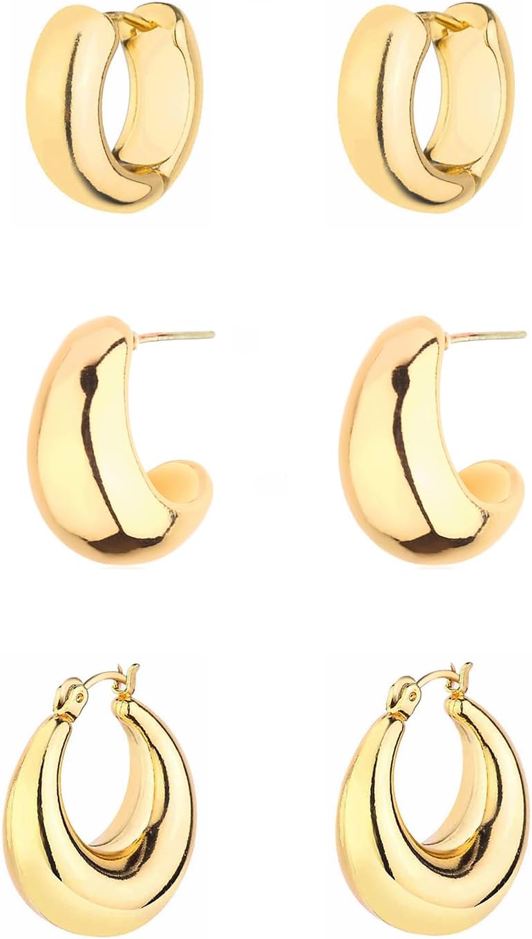 HILXURY Gold Chunky Hoop Earrings Set for Women, 14K Gold Plated Twisted Huggie Hoop Earring Hypoallergenic, Thick Open Hoops Set Lightweight