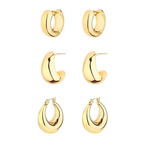 HILXURY Gold Chunky Hoop Earrings Set for Women, 14K Gold Plated Twisted Huggie Hoop Earring Hypoallergenic, Thick Open Hoops Set Lightweight