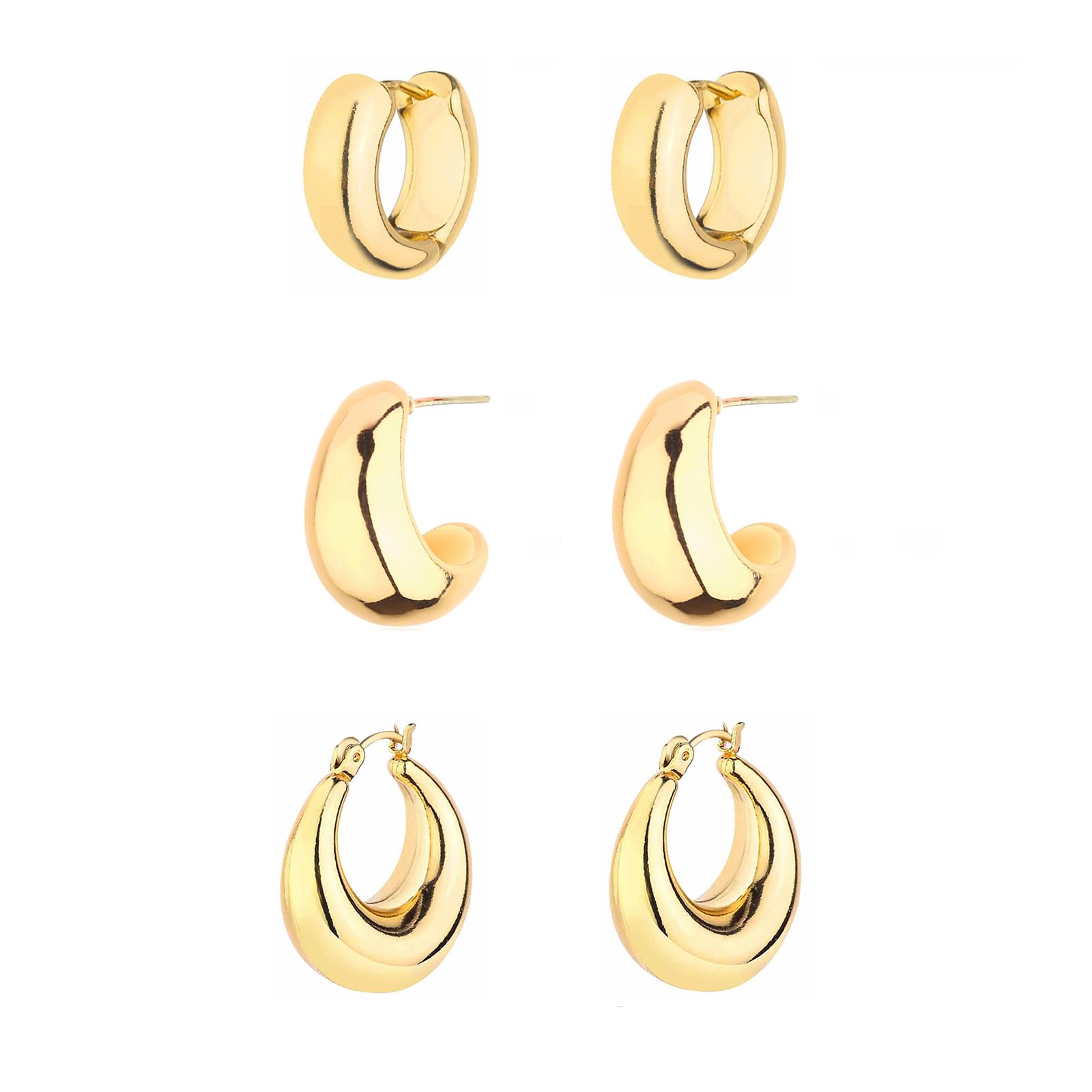 HILXURY Gold Chunky Hoop Earrings Set for Women, 14K Gold Plated Twisted Huggie Hoop Earring Hypoallergenic, Thick Open Hoops Set Lightweight