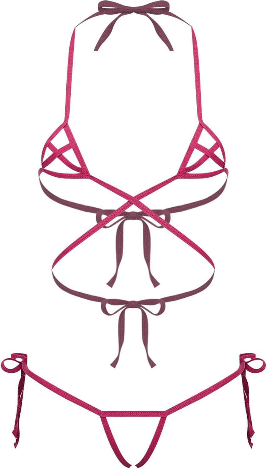 Freebily Women Adult Hollow Out Halter Bra Top with Panty 2 Pcs Set Extreme Swimwear Nightwear Tanning Suit
