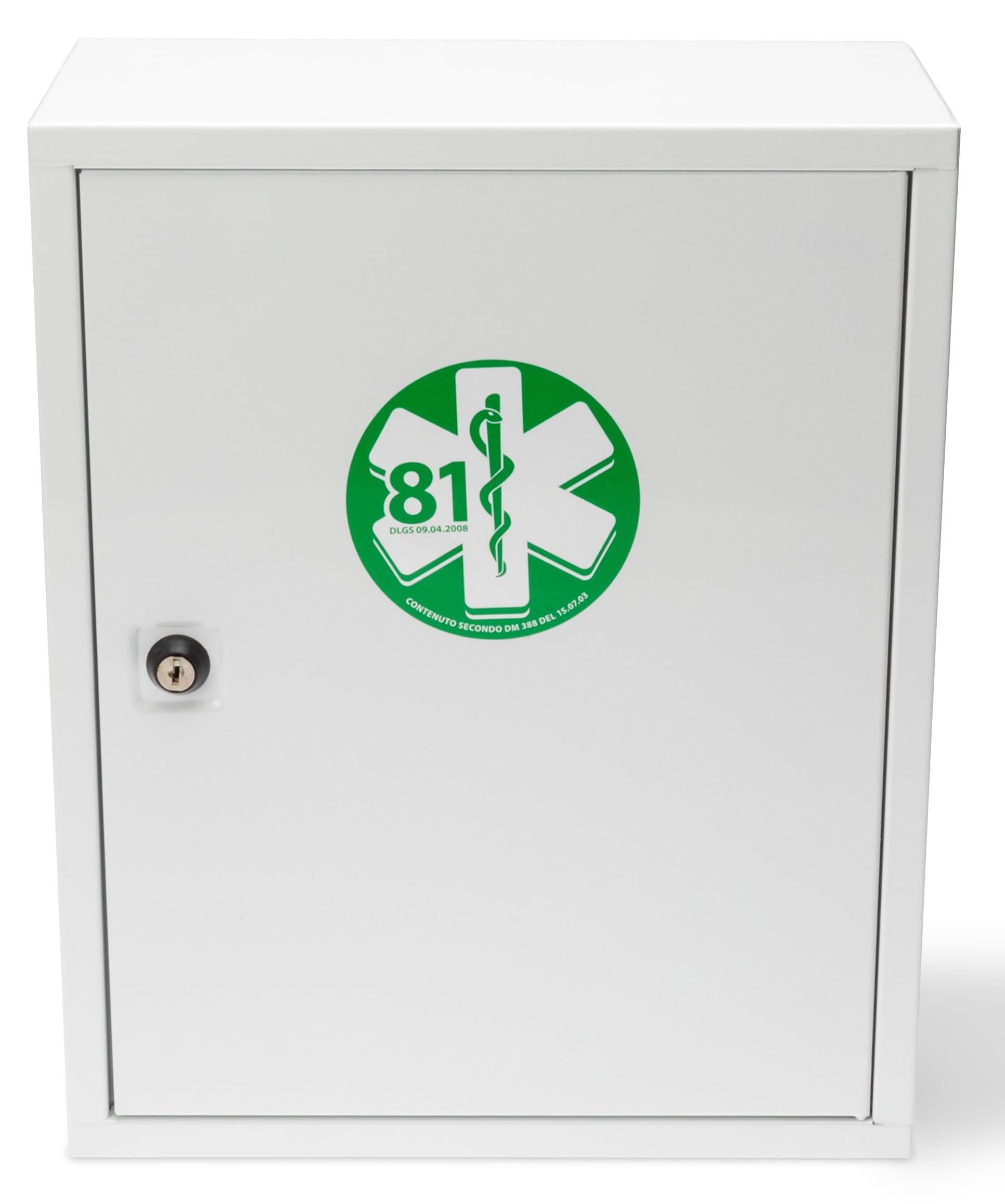 Armadietto di Pronto Soccorso in metallo bianco, 2 vani, 1 ripiano interno, serratura con chiave ALL. 2 contenuto maggiorato FINO A 2 LAVORATORI 370x300x140 mm
