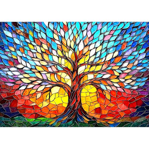 500 Piece Puzzles for Adults Stained Glass Tree of Life Puzzle for Adults Colorful Mosaic Jigsaw Puzzles 500 Pieces with Letters on Back Hard Impossible Difficult Challenging Family Puzzle(21'x15')