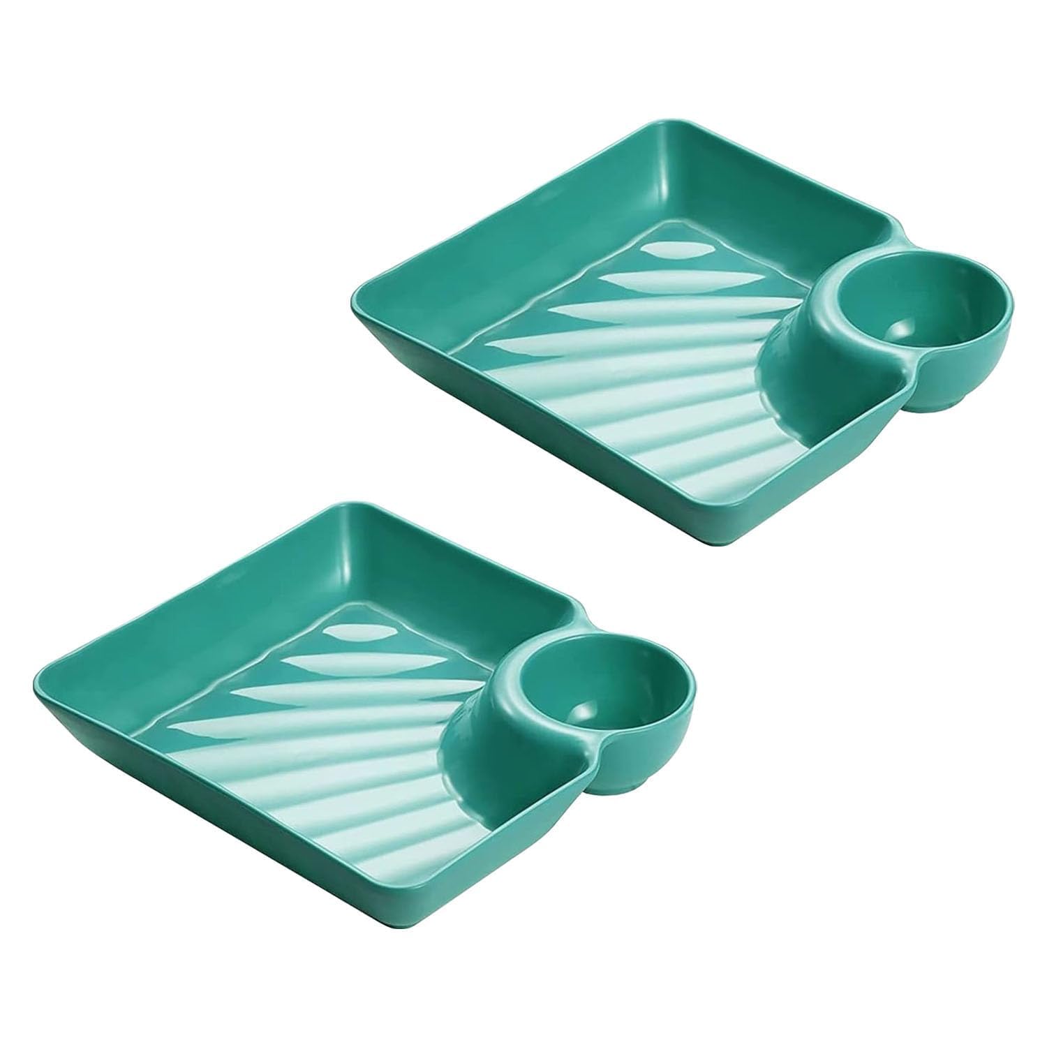Jeyux Divided Chip and Dip Plates with Round Sauce Holder | Snack Serving Tray for Chips, Salsa, Dips, Fruits, Desserts | Reusable Party Plates for Picnic or Dining Table (Green, Pack of 2)