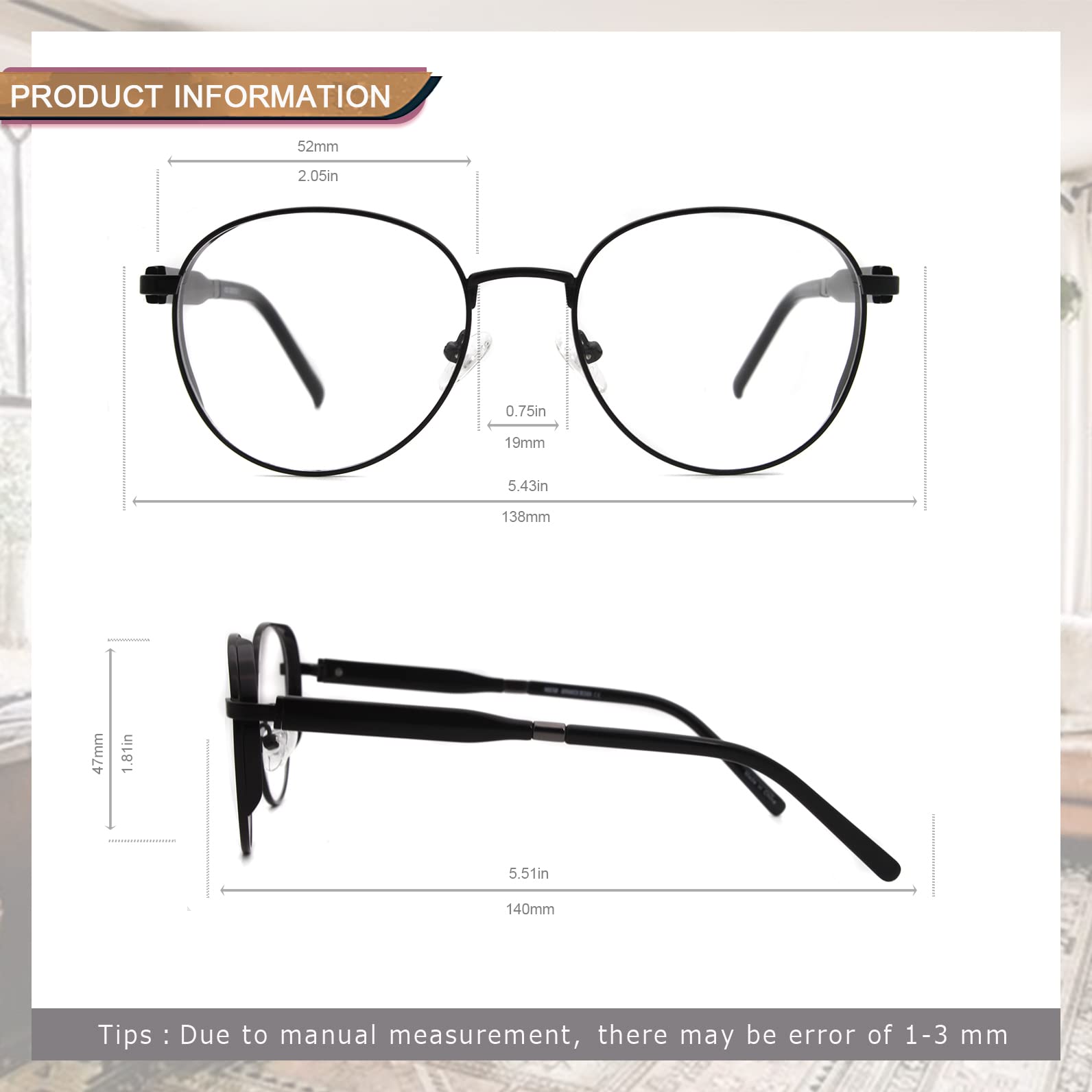 MOSTAR Lunettes rondes vintage populaires anti-lumière bleue pour homme et femme - Lunettes de protection des yeux - Lunettes élégantes en métal, Noir , M