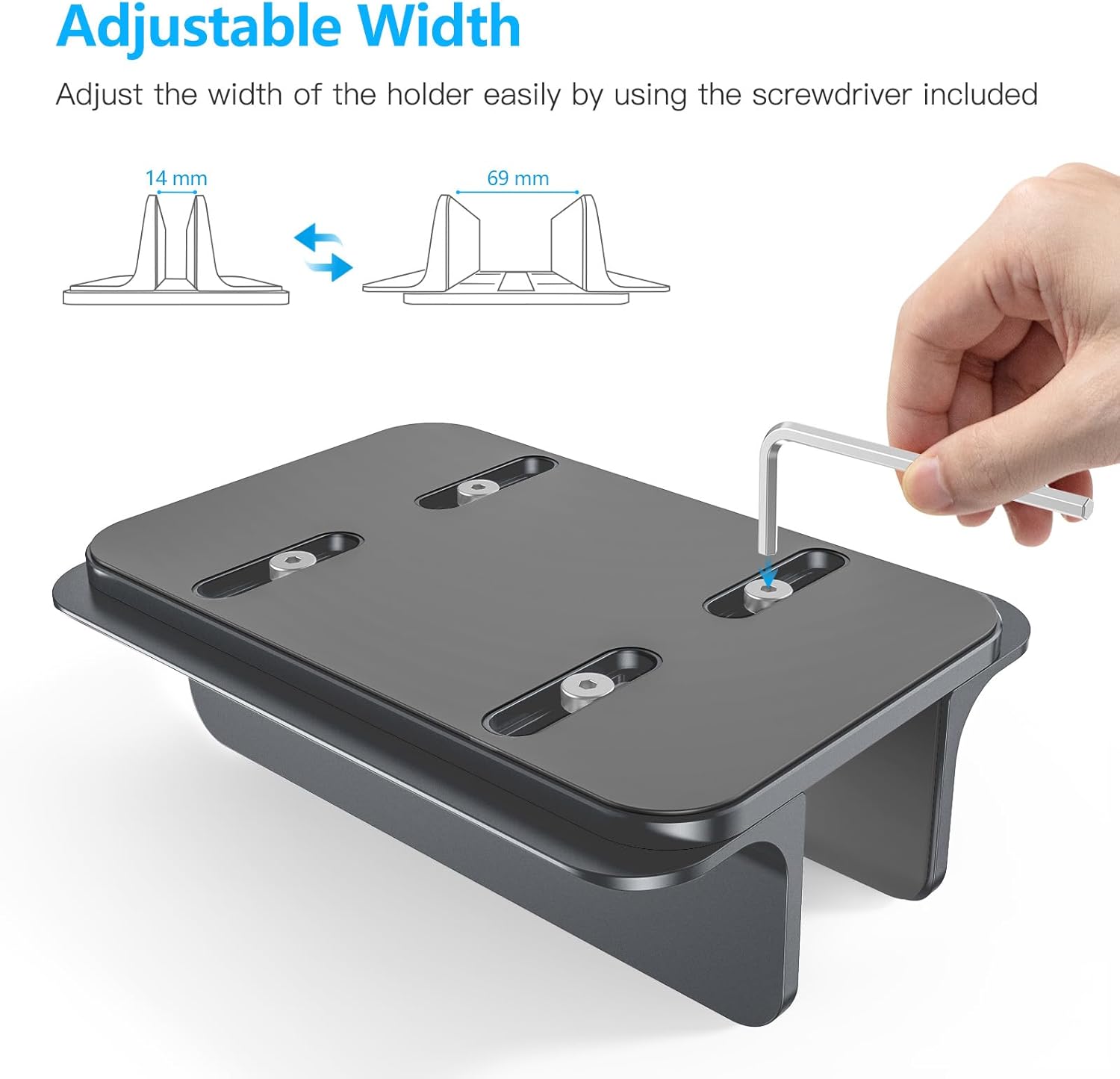 OMOTON Vertical Laptop Stand Holder, Desktop Aluminum Stand for MacBook with Adjustable Dock Size, Fits All MacBook, Surface, Chromebook and Gaming Laptops (Up to 17.3 inches), Gray