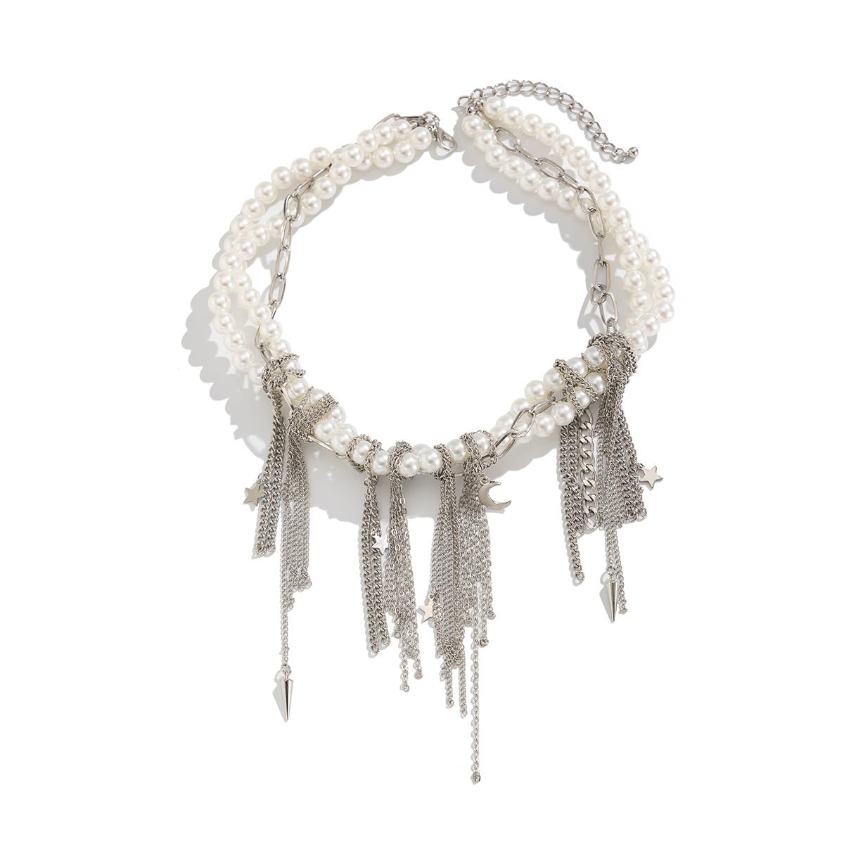 Pearl Tassel Necklace for Women Tassel Long Chain Choker Necklace Exaggerate Link Chain Choker Necklaces Trendy Jewelry Gift 02Silver