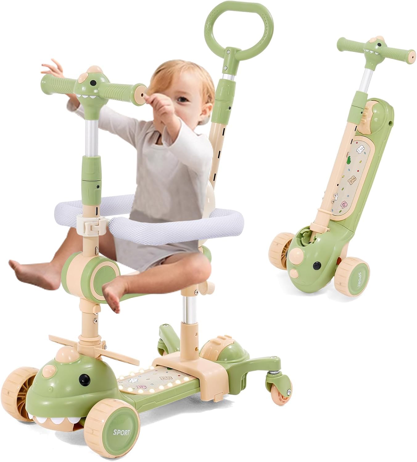 Forroby 6 in 1 Scooter for Kids Height Adjustable Foldable,Toddler Kick Scooters with Music,5 Wheels Baby/Children Scooter With Seat Ages 10 Months-12 Years Old,Gifts for Girls Boys,Green