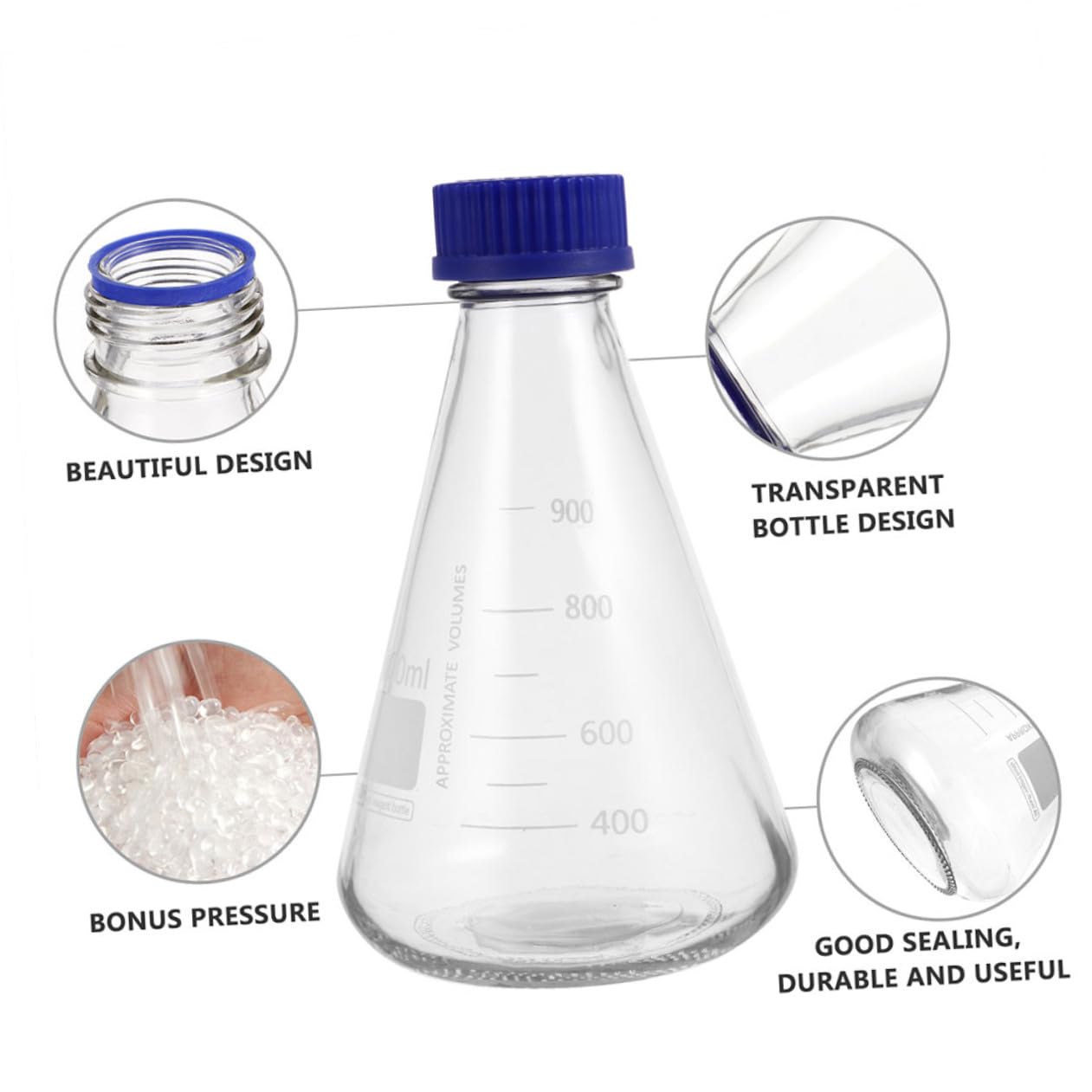 Beute di Erlenmeyer in Vetro Tappo Blu Beute Coniche da Laboratorio da 1000 Ml Scala Graduata Set da 2 Bottiglie per Esperimenti Scientifici Adatte per Studenti e Uso