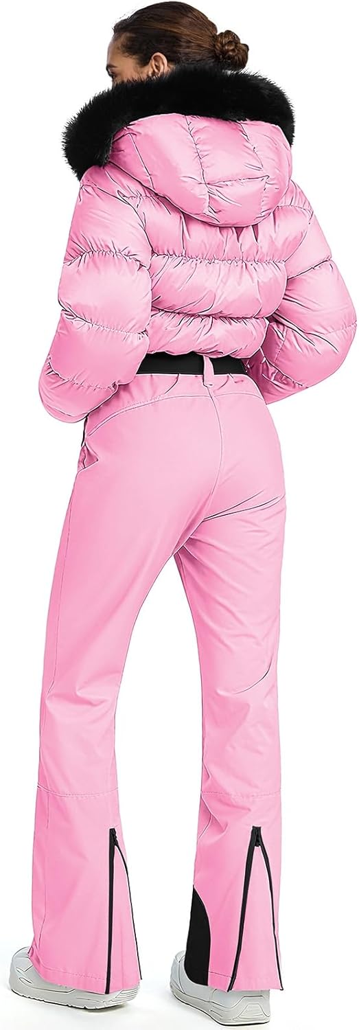 hotian women one piece ski suits slim fit overalls jumpsuits waterproof winter outdoor snowboard snow suits 2-pink large