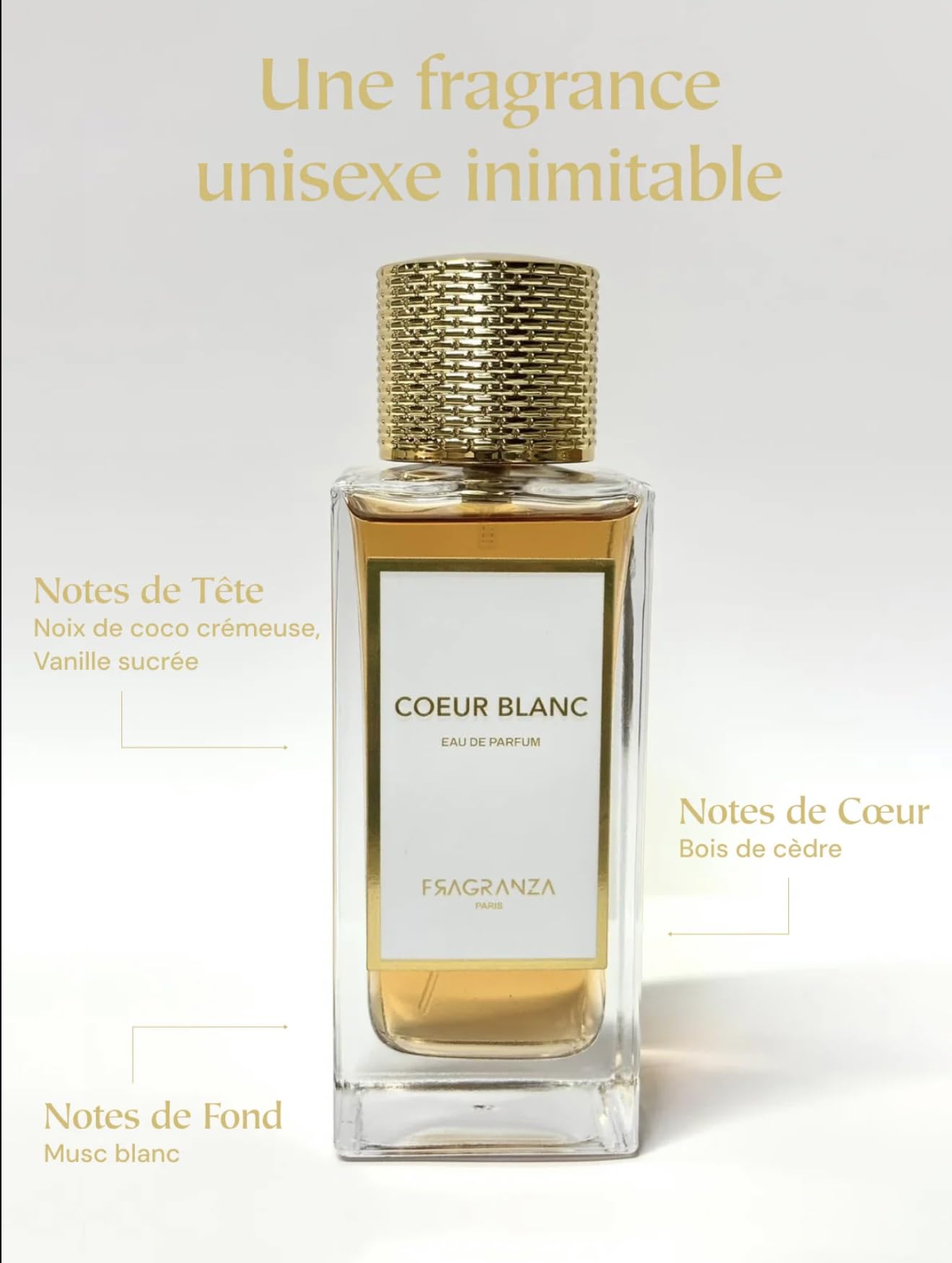 Parfum de Niche, Fragranza, Eau de Parfum Concentrée Mixte, Noix de Coco, Vanille, Cèdre & Musc Blanc, Longue Tenue, 100ml (Coeur Blanc)