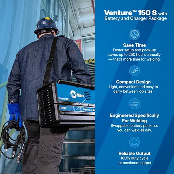 Miller VentureTM 150 S Battery-Powered Stick/TIG Welder (20150A DC) 400Wh Swappable Battery Pack 27 lb. Portable Welding Power Source