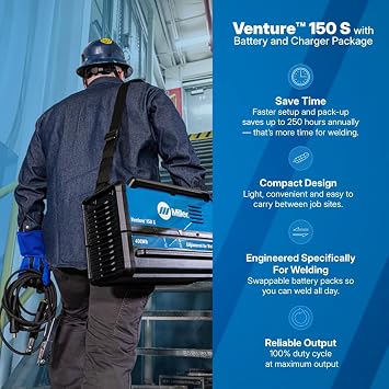 Miller VentureTM 150 S Battery-Powered Stick/TIG Welder (20150A DC) 400Wh Swappable Battery Pack 27 lb. Portable Welding Power Source