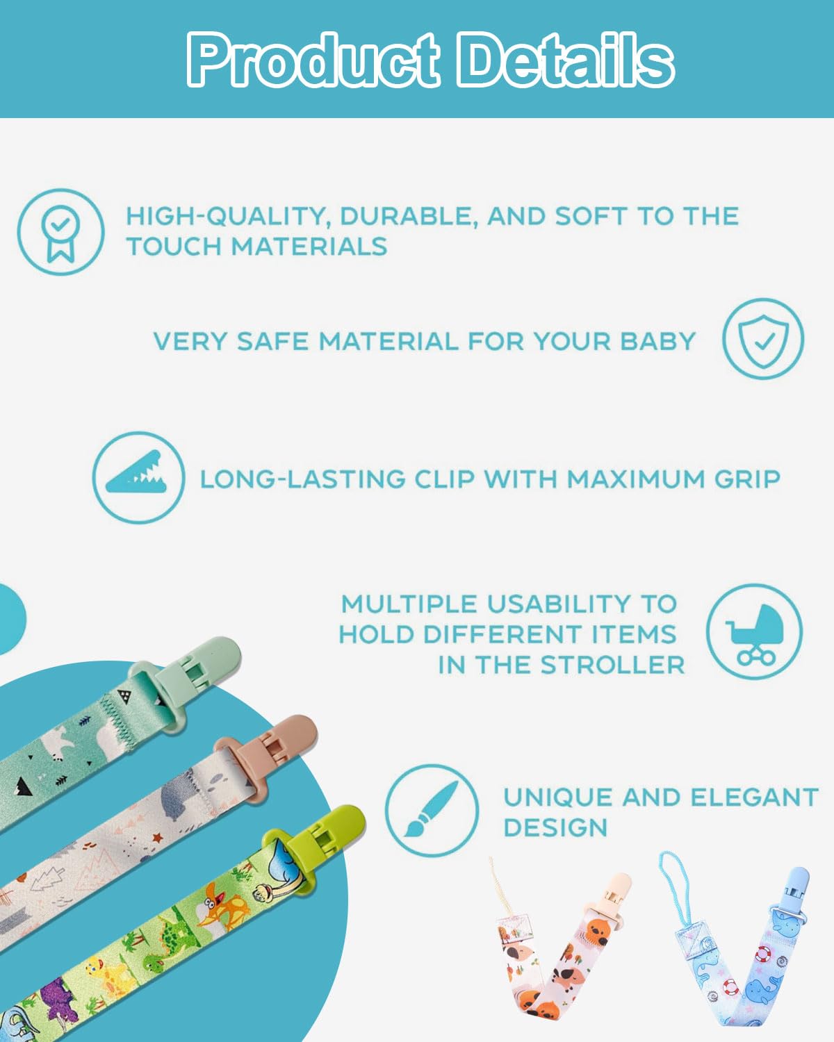ZEXIJOW Attache Sucette Bébé,Lot de 5 attaches-tétines avec sangles en coton,Pacifier Clip Chain,Garde la Tétine Propre,Douce et Flexible,Durable–Haute Ténacité Pour Bébés Garçons et Filles - 3