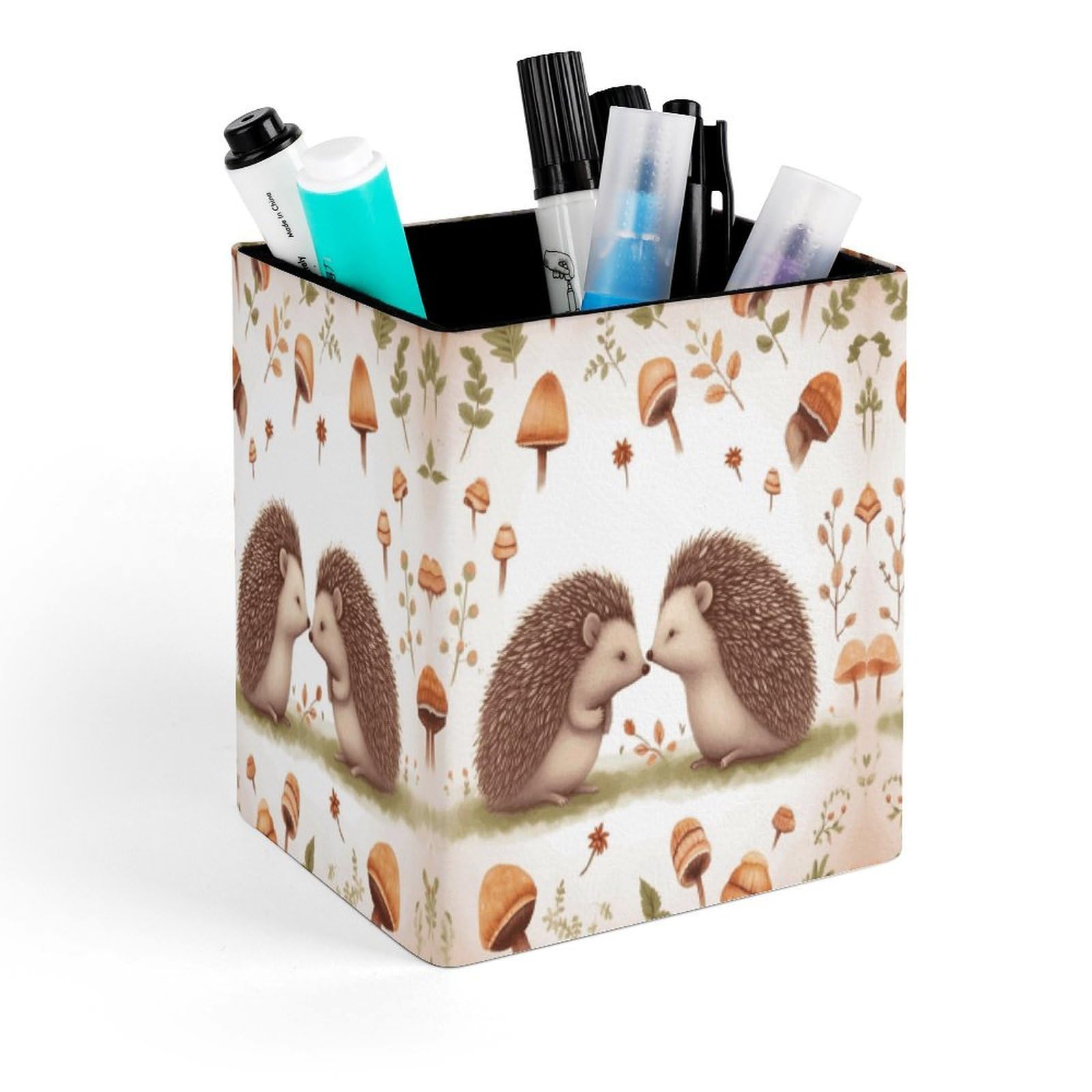 VstaDank Nature Lovely Hedgehog Lovers Pen Holder Square Pencil Holder Leather Pencil Cup Pen Organizer Makeup Brush Holders Pen Cups Desktop Stationery Organizer for Home Office Desk Organizers