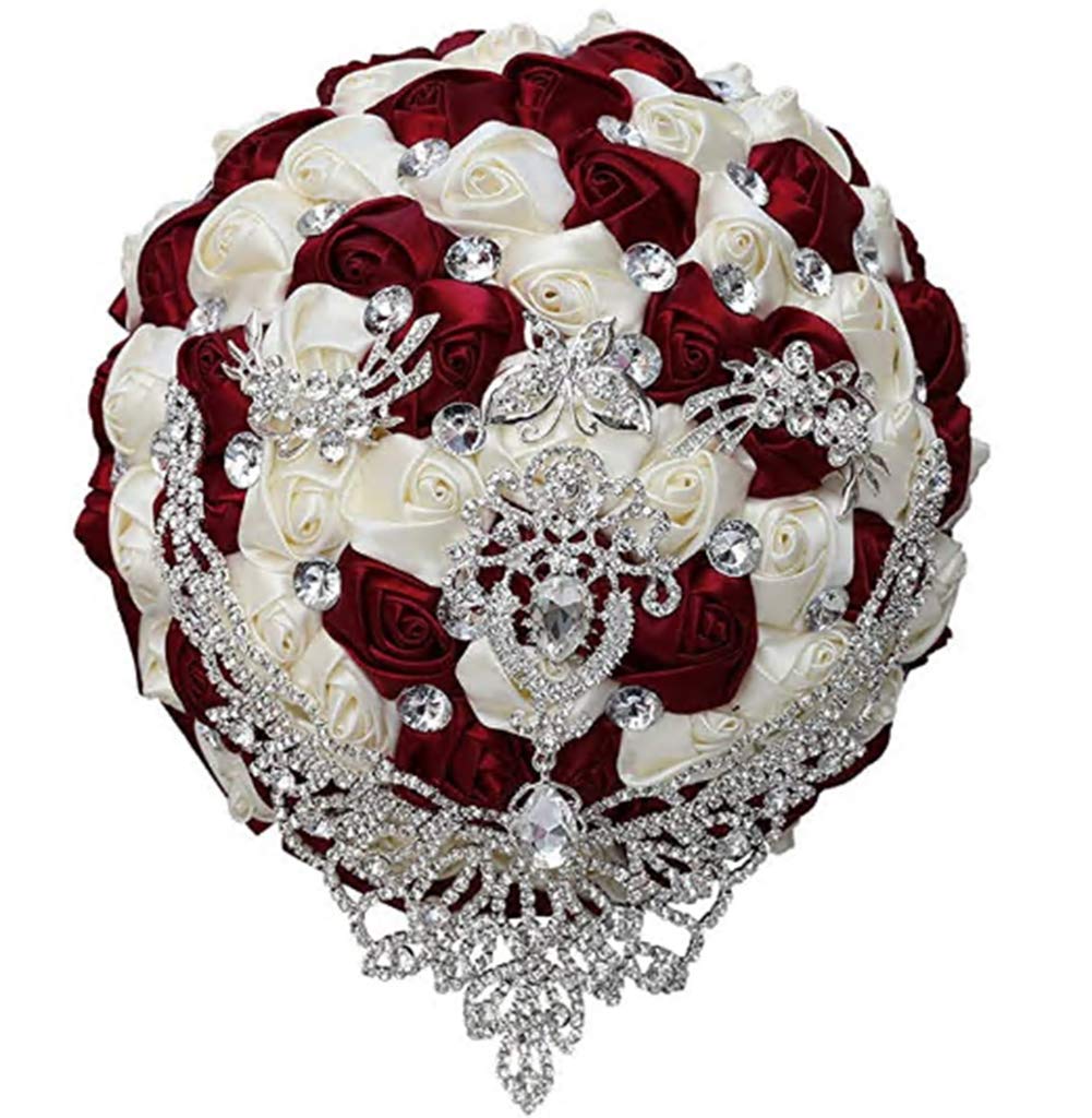 Qikegooods Red+Ivory Handmade Luxury Wedding Bridal Bouquet Large Silk Rose Holding Toss Artificial Flowers Bouquets With Satin Ribbon Pearls Rhinestone For Bride Vintage Royal Wedding Bouquet