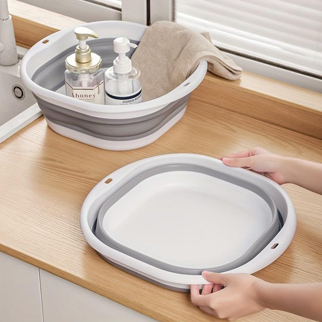 ZKGYUS Bassine Pliable, Bassine Retractable seau pliable en silicone sain et inodore, Bol à Vaisselle Ronds Pliable Cuvette peu Encombrant pour Voyage Camping et Cuisine,23 * 25cm