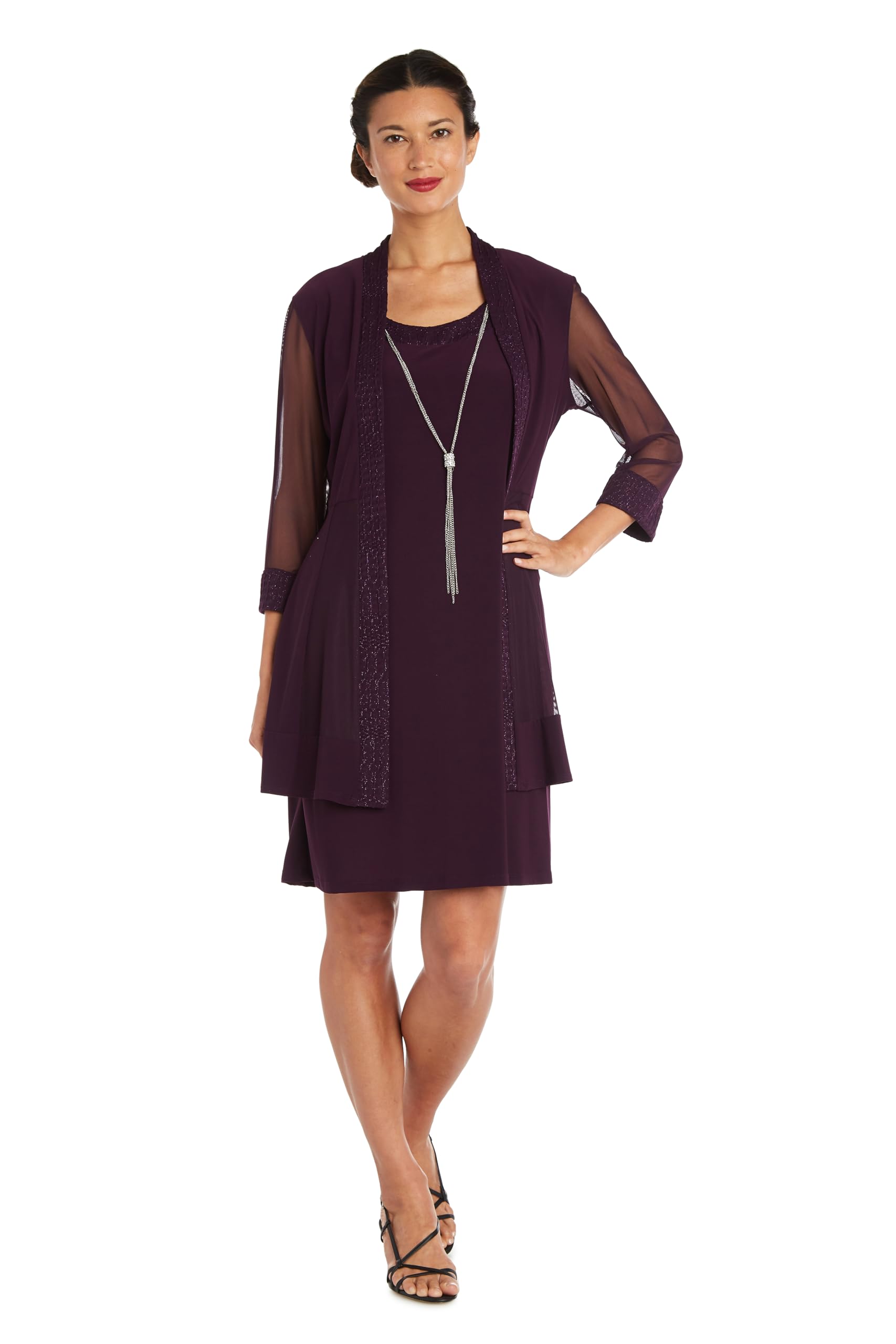 R&amp;M Richards Women's Elegant 2-Piece Shift Dress with Pleated Shimmer Duster Jacket for Mother of the Bride, Cocktail Attire