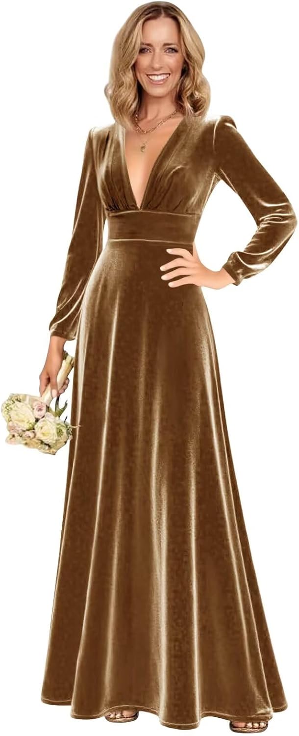 Bedlover Velvet Maxi Bridesmaid Dresses for Women Fall Long Sleeve V Neck Formal Evening Party Gowns
