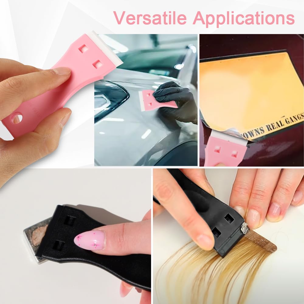 Hair Extension Tape Remover Tool 5Pcs Plastic Razor Blade Scraper with 25Pcs Plastic Razor Blades for Tape In Extensions Double Edge Razor Blade Scraper Adhesive Sricker Remover Labels