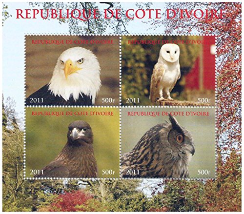 Gufi e aquile rapaci MNH traforata francobollo minifoglio di 4 francobolli per collezionisti/Costa d'Avorio / 2011