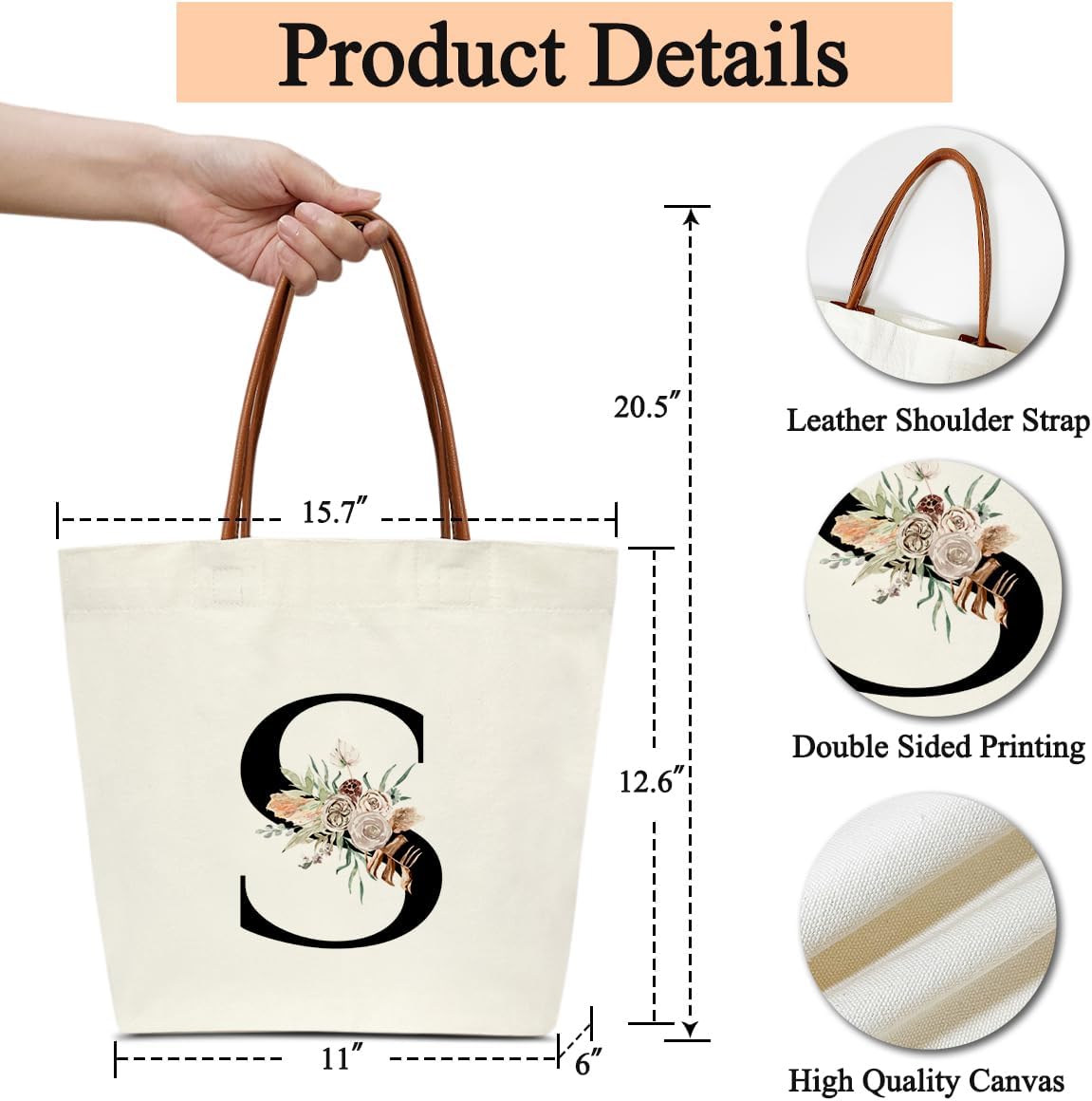 Boho Monogram Initial S Tote Bags for Women, Personalized Canvas Tote Bags Monogrammed Gifts for Women Birthday Wedding Gifts for Mom Sister Teacher Friend Bridesmaid, Beach Bag Shopping Handbag -ZM18 - Image 2