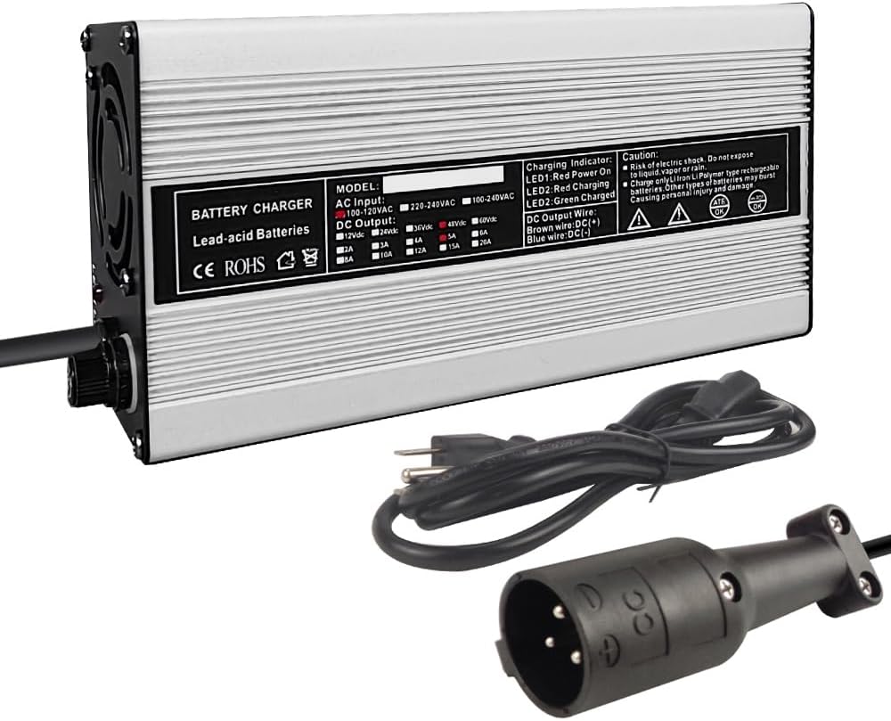 Carregador de Bateria Abakoo 48V 5A para Carrinho de Golfe Club Car com Plugue Redondo de 3 Pinos