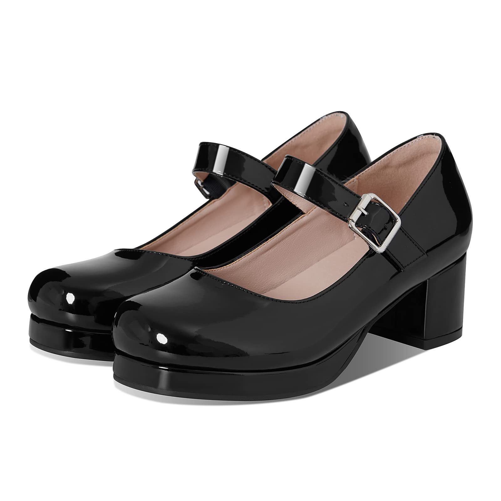 Size 7 femflame Women's Low Chunky Heel Mary Jane Pumps Ankle Buckle Strap Sweet Round Toe Dress Shoes JK Cosplay Uniform Dress Shoes Black