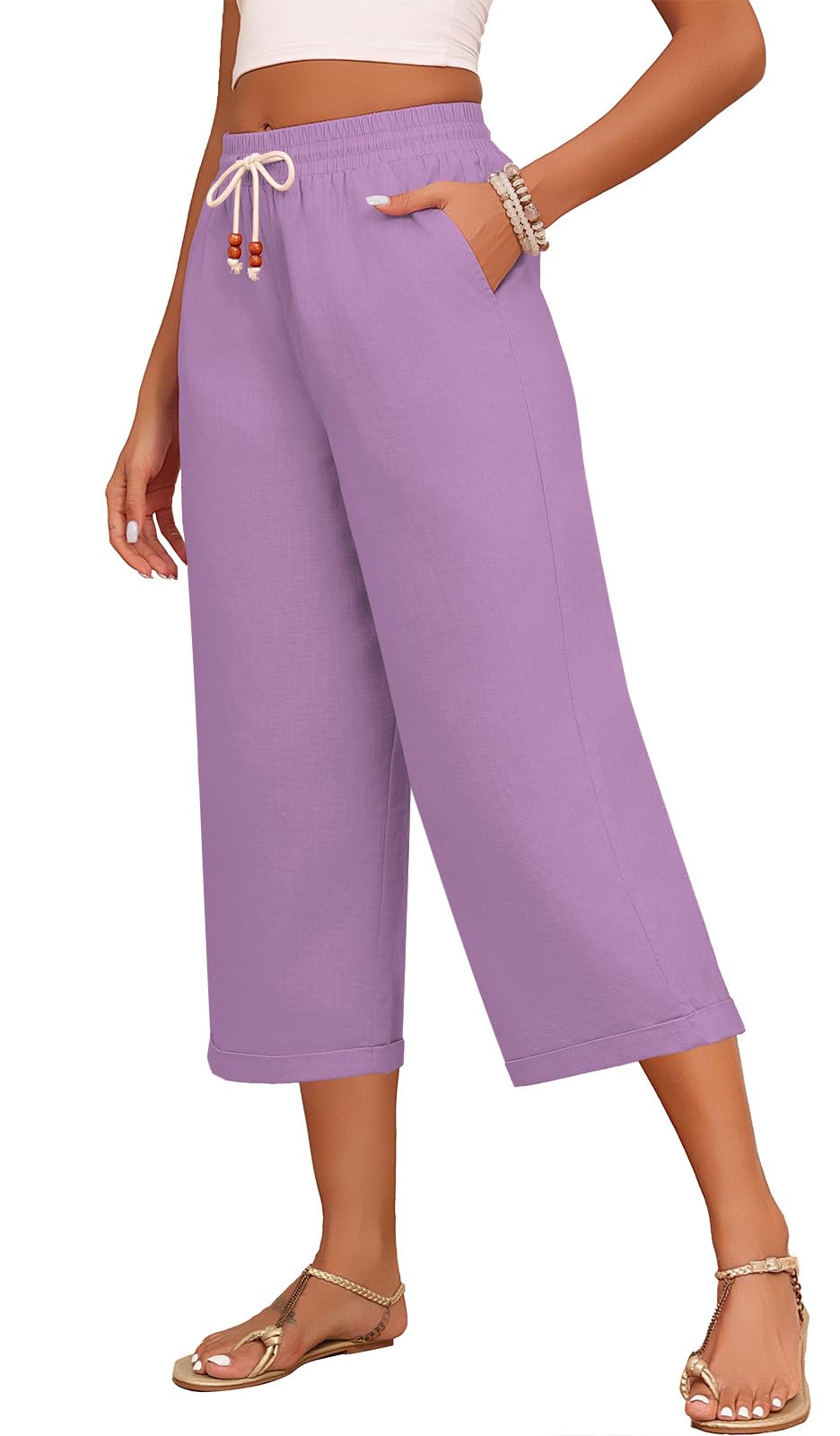 Askyes Womens Capri Pants Cotton Linen High Waisted Wide Leg Lounge Pants Casual Summer Palazzo Pants Trouser with Pockets M Purple