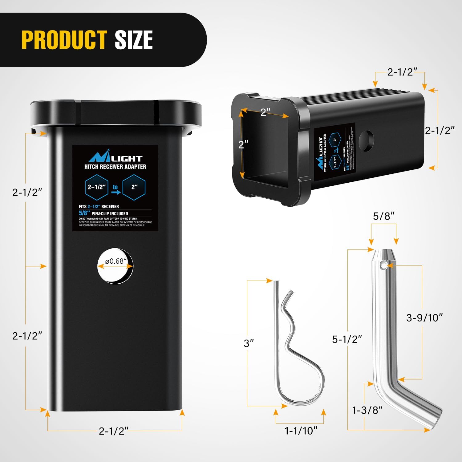 Nilight Trailer Hitch Receiver Extender Adapter Reducer 2-1/2 to 2 Inch Sleeve Convertor Receiver Aluminum Towing Accessories for Tractor Bucket RV Truck Bike Rack Cargo Carriers - Image 2