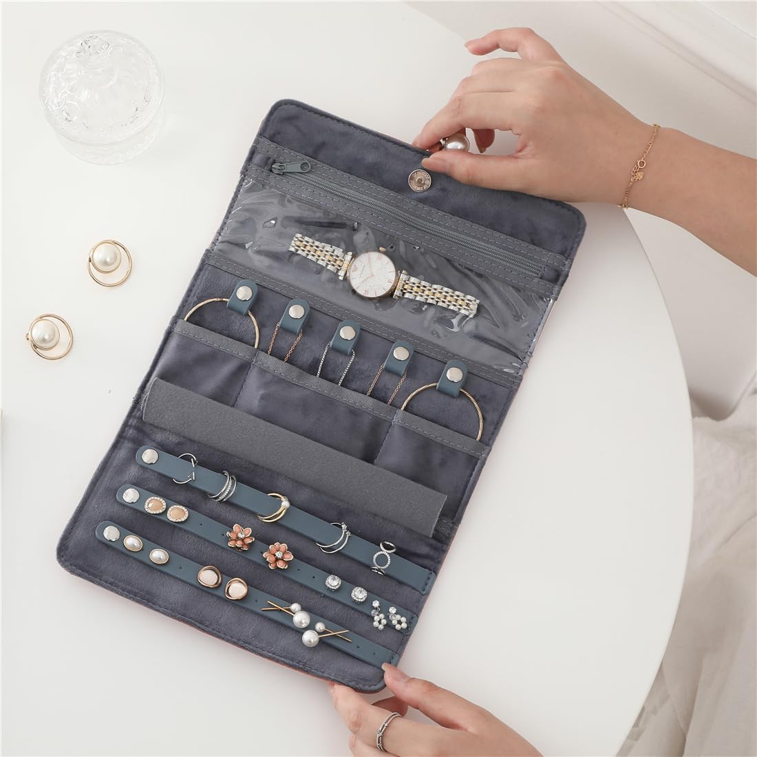 VanFn Rouleaux de bijoux, rouleau de rangement de bijoux de voyage, étui à bijoux pliable, sac de rangement de bijoux pour femmes pour bagues de voyage, colliers, boucles d'oreilles, bracelets