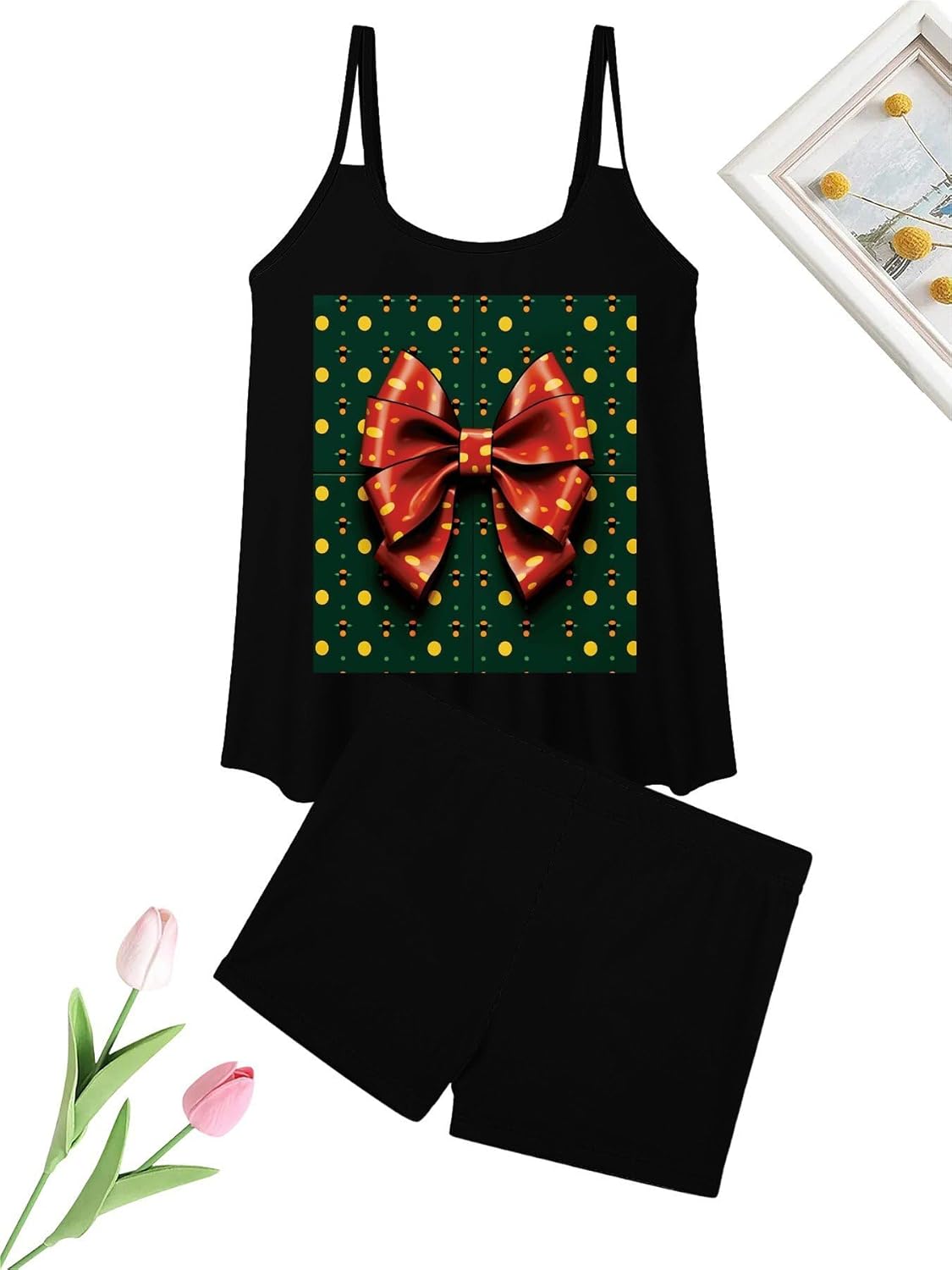 Wrapping Paper with Bow Tankini Swimsuits for Women Tummy Control Two Piece Bathing Suits Swim Tops with Boy Shorts