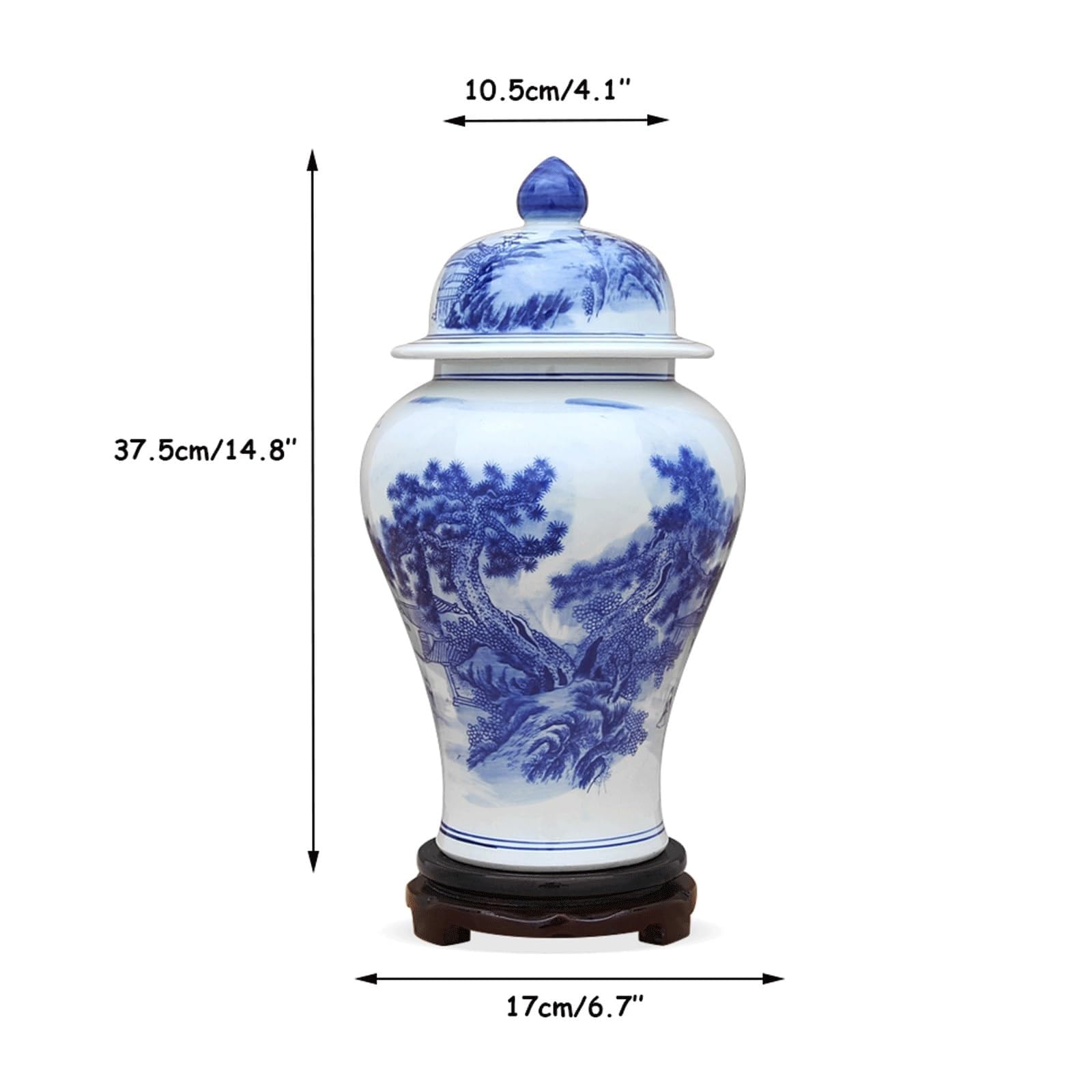 EYPKPL Porzellan-Ingwerglas mit Deckel, blaues und weißes Tempelglas, chinesisches Landschaftsmuster, Keramikglasvase mit Sockel, Vorratsglas, traditionell
