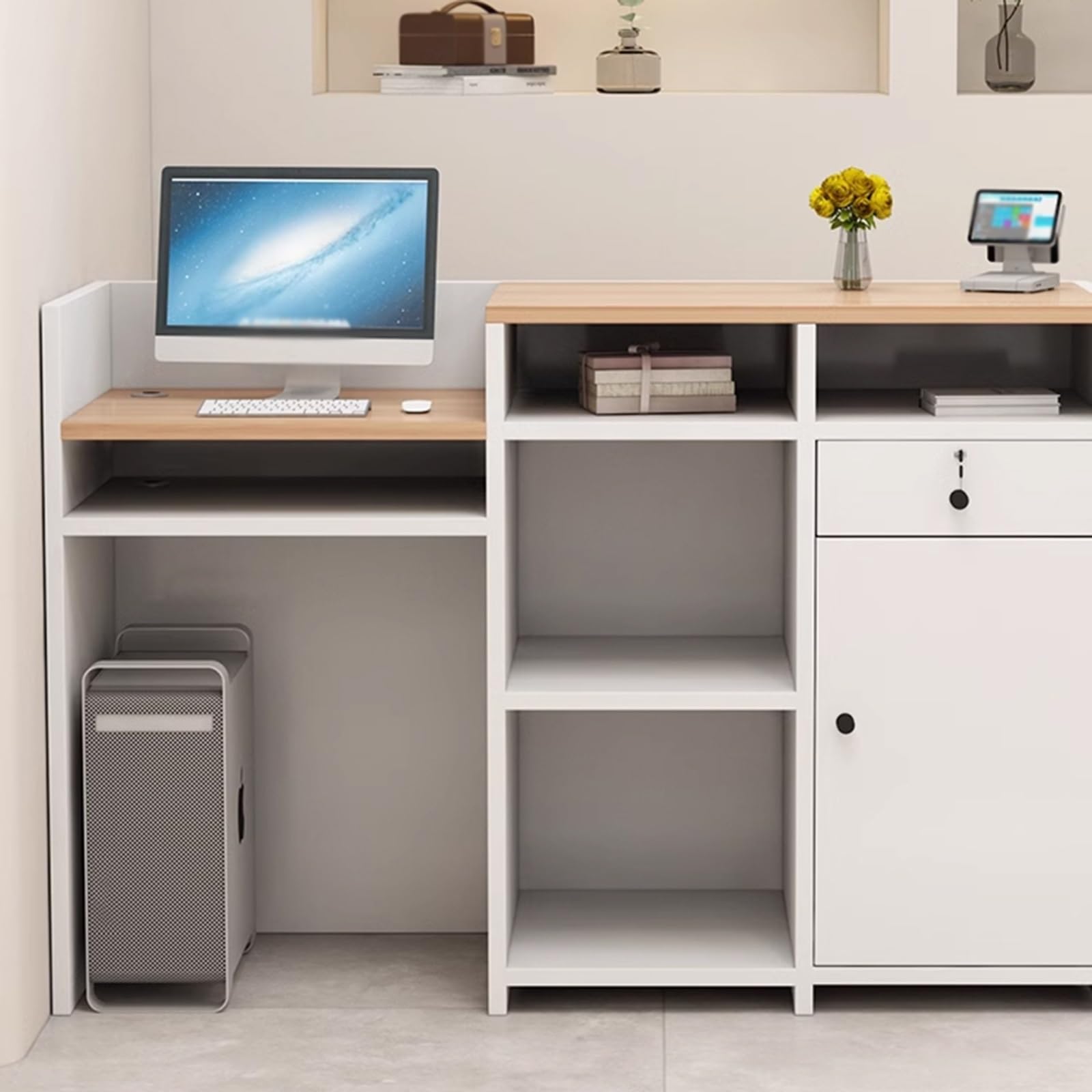 Scrivania multifunzionale per reception, con cassetti chiudibili, bancone di benvenuto per ufficio, per aziende, hotel e negozi di abbigliamento (L100 cm), elegante soluzione di archiviazione
