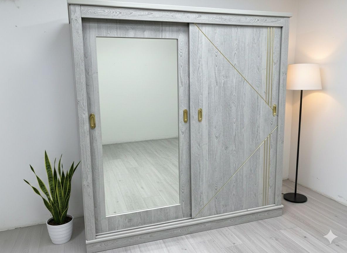 Modern Sliding Mirror Wardrobe Doors, Gray Wood Frame, Built-in Storage System, Contemporary Bedroom Furniture, Size-L200*H200*D60CM LOCAL MDF WOOD