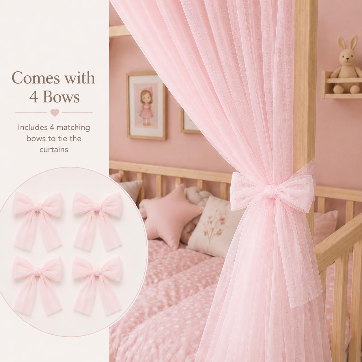 Baby Fancyroom Betthimmel für Hausbett, Tüll Bettvorhang, Beige, 2er Set mit Schleifen und Pompomgirlande, Baldachin für Kinderbett Mädchen (Rosa, 300cm)