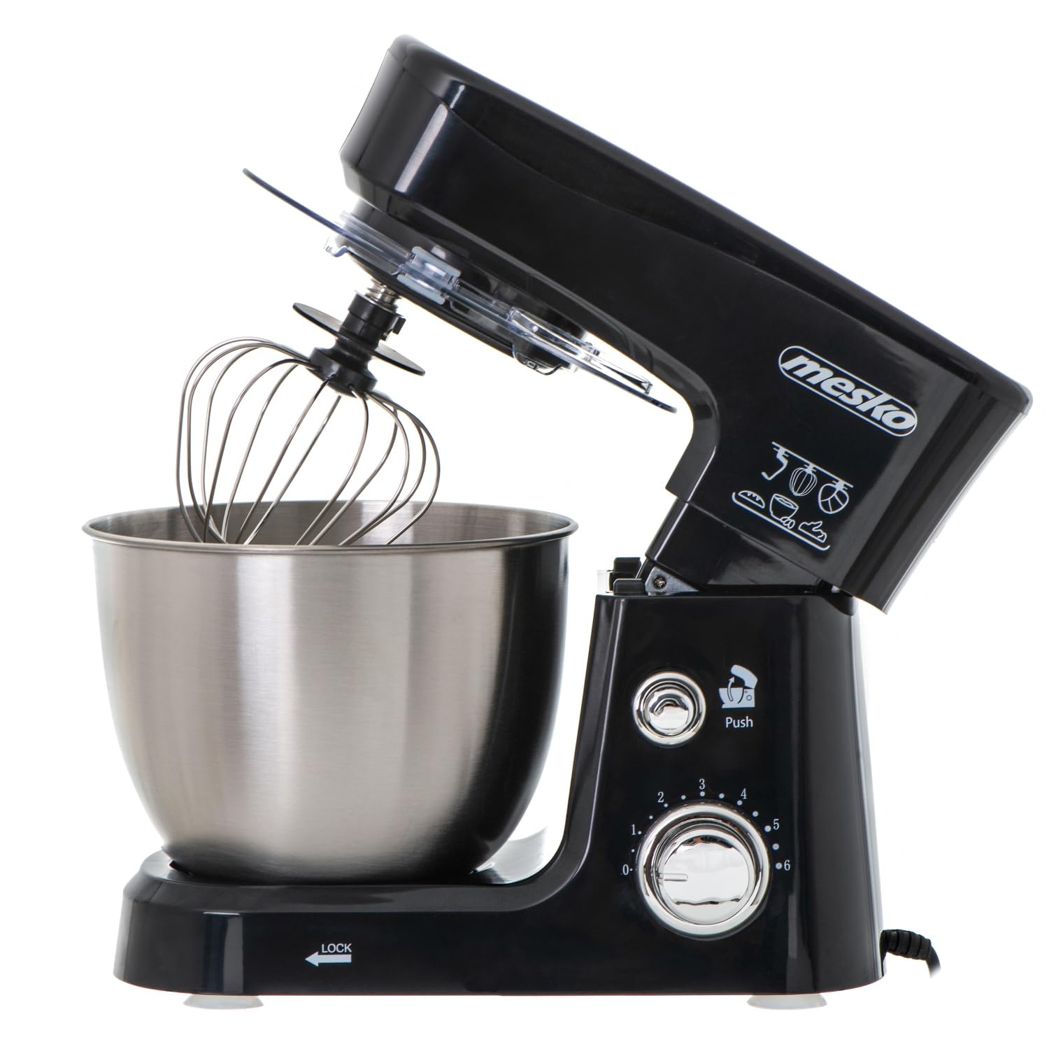 MESKO MS 4217 - Robot da cucina con ciotola da 3,5 l, in acciaio INOX, 6 velocità, gancio impasto, frusta, frusta, 1200 W, paraspruzzi, impastatrice