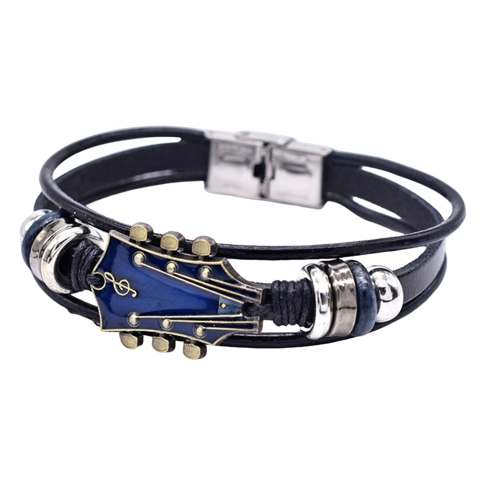 Luojuny Braided Guitar Bracelet Zinc Alloy Adjustable Buckle Manual Woven Faux Leather 3-layered Retro Punk Wrist Jewelry Blue