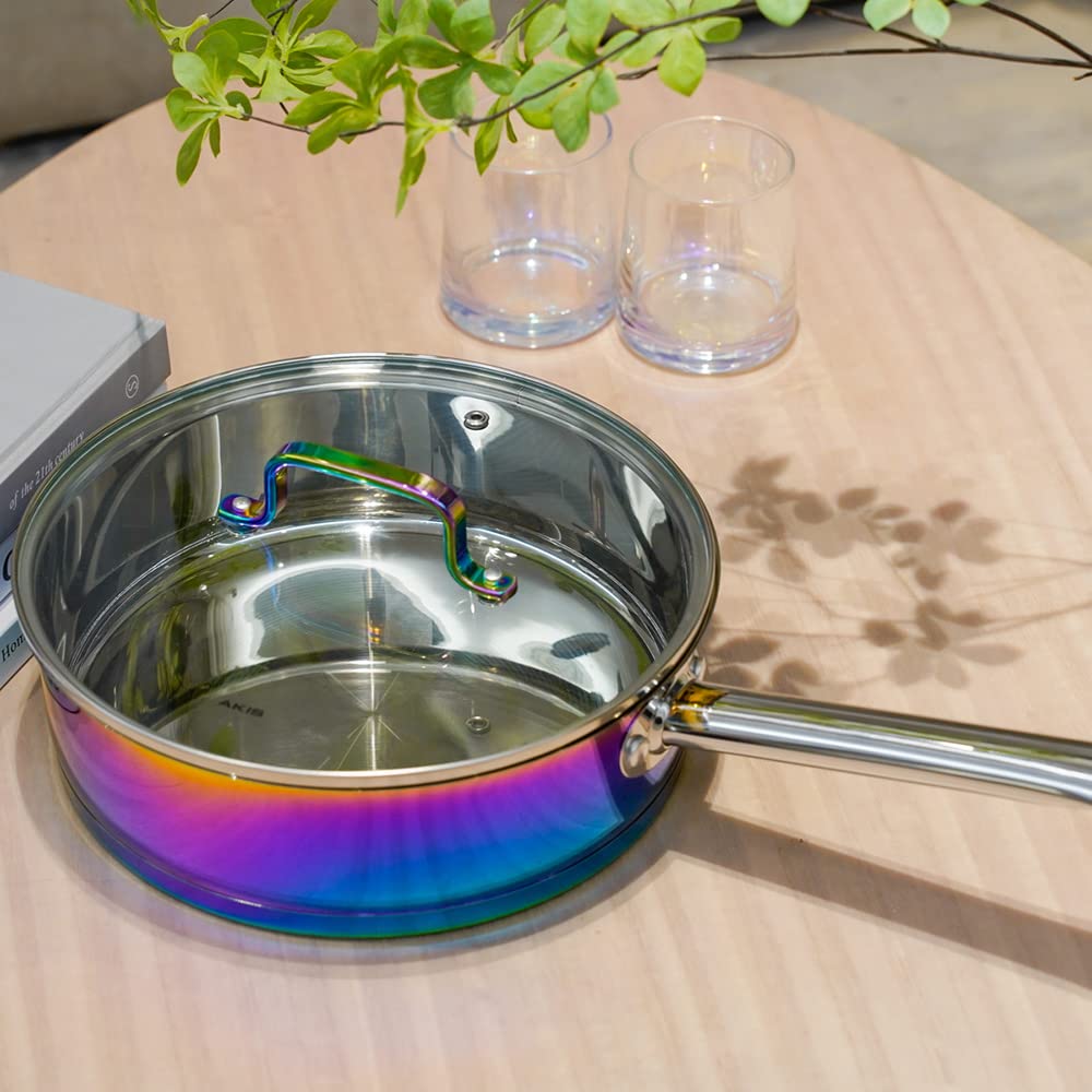 AKIS Dazzling 6-częściowy zestaw garnków ze stali nierdzewnej w kolorze tęczy, 1 garnek do gotowania, 1 patelnia, 1 garnek z 3 szklanymi pokrywkami, nadaje się do kuchenek indukcyjnych